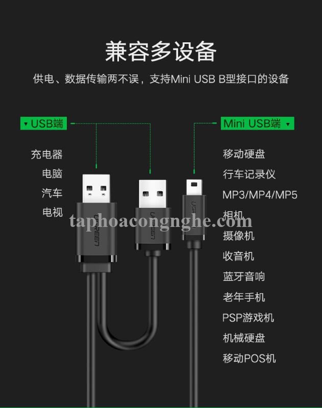 Ugreen 10346 0.5M màu Đen Cáp sạc truyền dữ liệu USB 2.0 sang MICRO USB có trợ nguồn USB US107 30010346